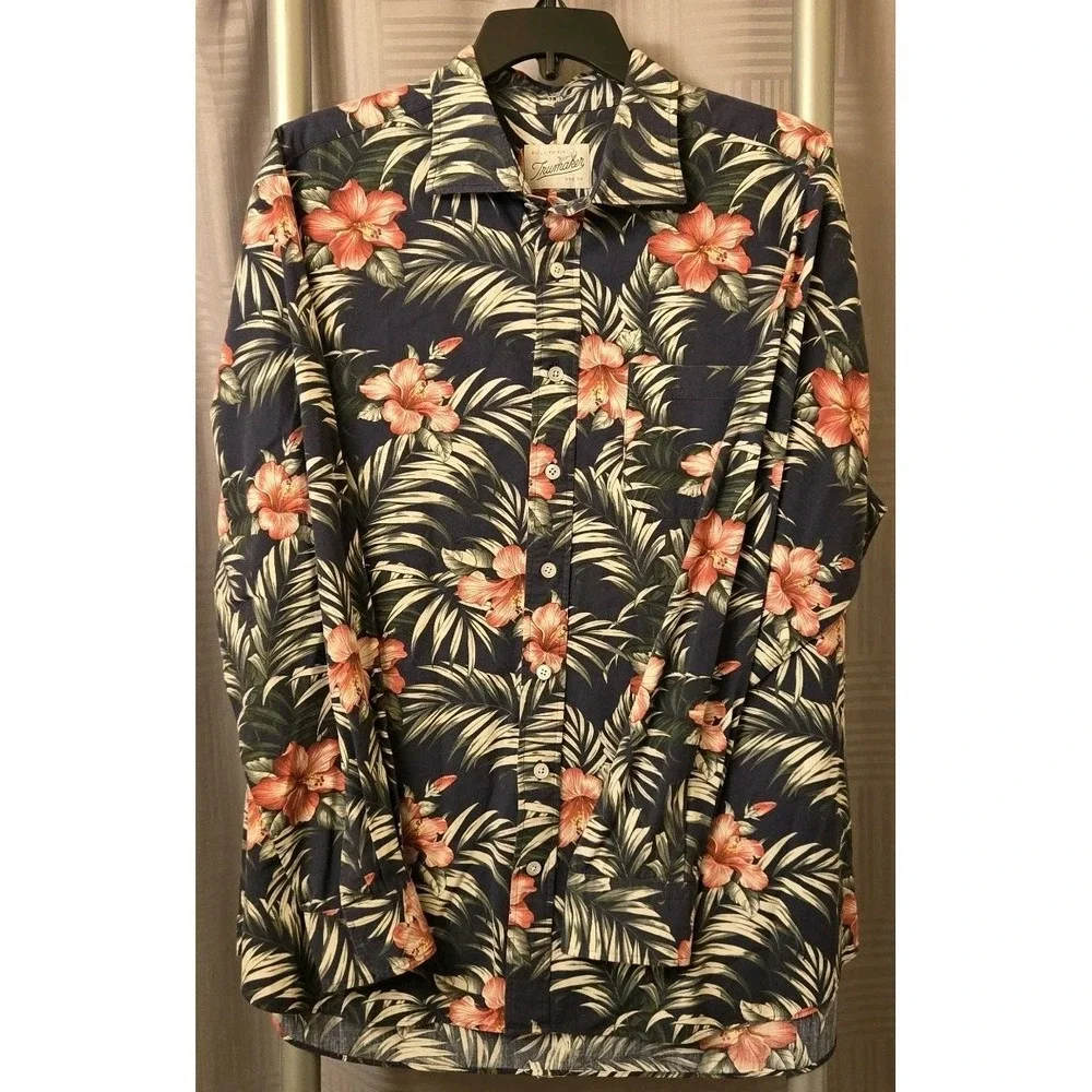 Trumaker Built-to-Fit Cotton/Rayon Tailored Shirt Mens XL‎ Green Floral Hawaiian